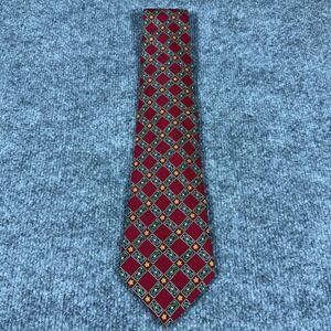 Tommy Hilfiger Mens Red Green Gold Geometric Diamond Star Silk Necktie